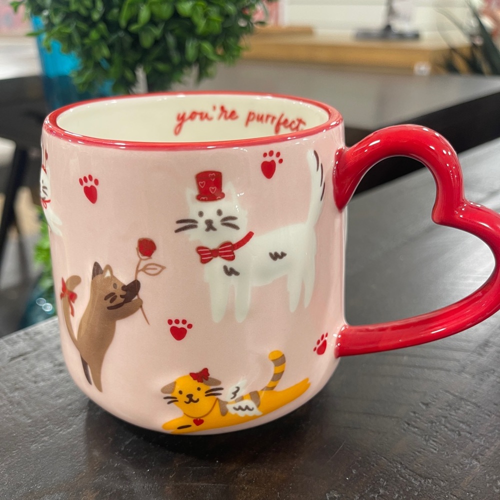 Valentine’s Heart Love Cats Purrfect Ceramic Red Heart Handle Coffee Mug Cup NEW
